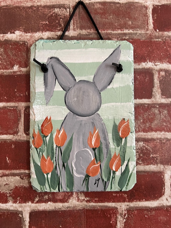 Hand Painted Easter Bunny Slate Sign: Easter decor, Spring door hanger