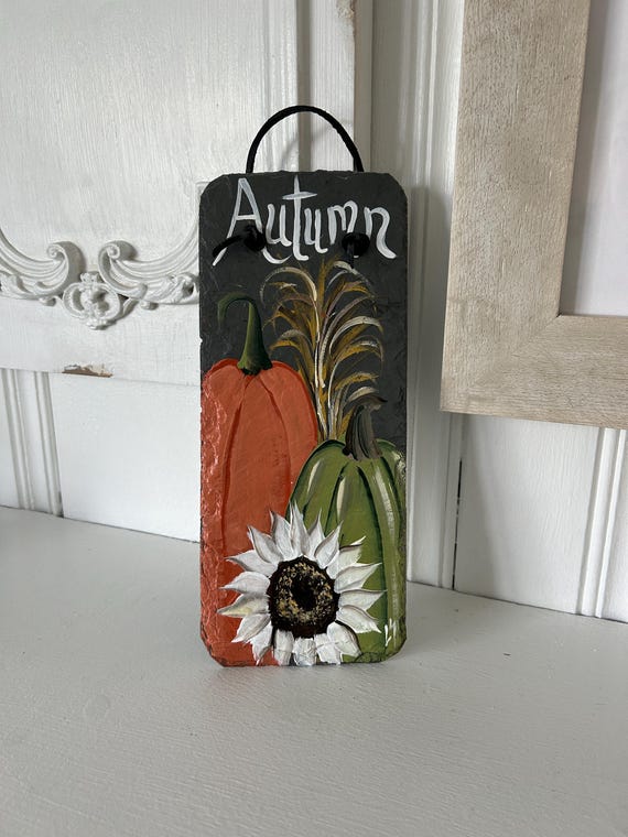 Painted pumpkin slate sign, Fall welcome plaque, painted slate sign, Fall sign, welcome sign, slate gift, porch decor, thanksgiving decor