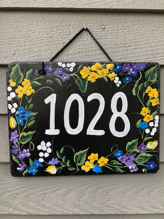 Slate Floral Address Sign, Spring house number door hanger
