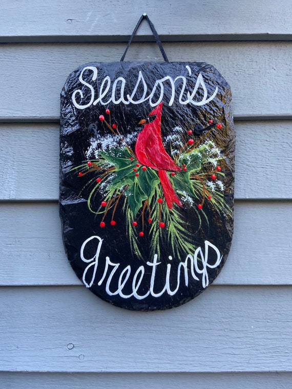 Cardinal welcome plaque, Winter slate sign, Christmas sign, Painted Slate, Painting on slate, Hand Painted slate plaque, Winter door hanger