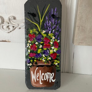 Painted slate welcome sign, personalized garden slate sign, Floral welcome plaque, Porch decor, door hanger, porch sign, garden decor image 2