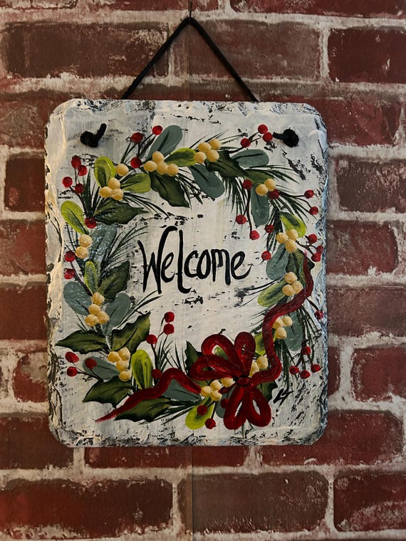 Hand Painted Winter slate: Rustic Christmas door hanger, wreath porch decor