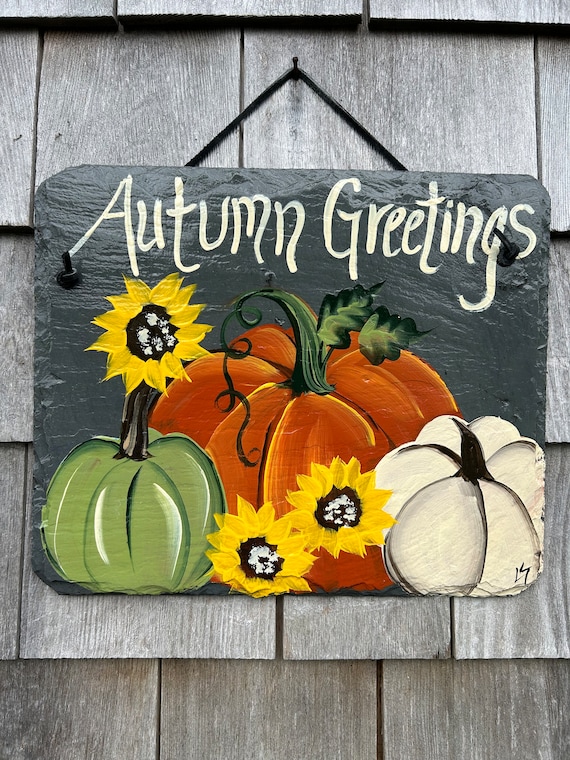 Hand Painted Pumpkin Slate Welcome Sign - Fall Porch Decor