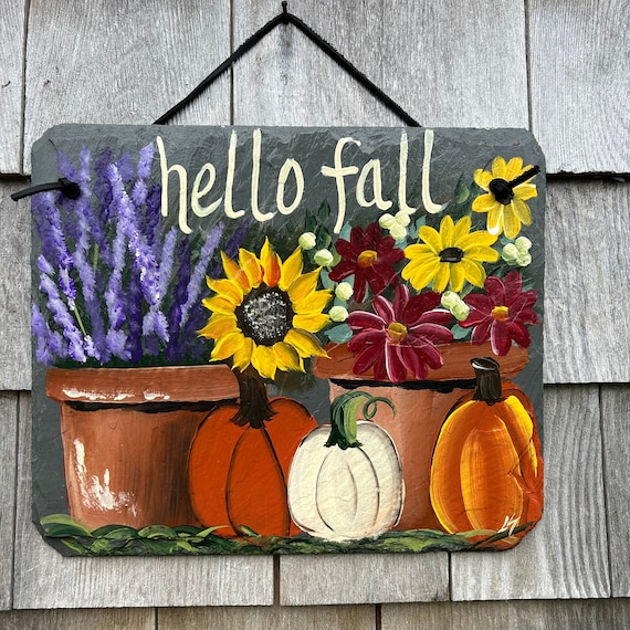 Hand painted roof slate welcome sign for the fall