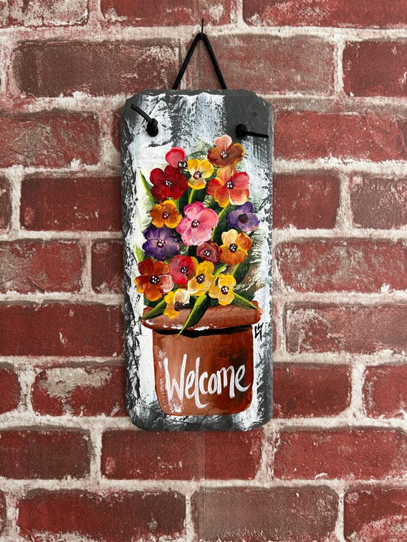 Painted Slate Welcome Sign: Spring Porch Decor, Floral garden sign
