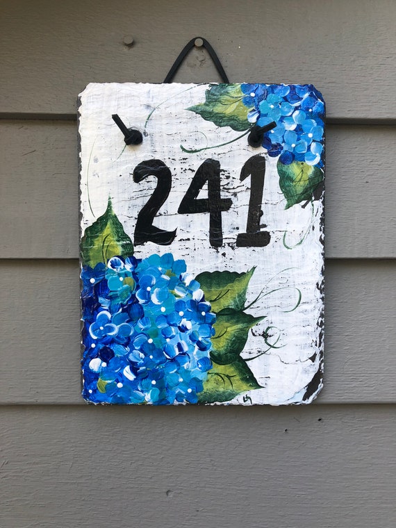 Hydrangeas House Number plaque, Coastal door hanger, Custom Painted Slate Address Sign, Coastal House number sign, Address sign for house