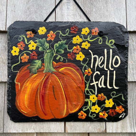 Painted slate tile, welcome plaque, door hanger, Pumpkin slate sign, Fall sign, welcome sign, Painted slate, slate sign, porch decor