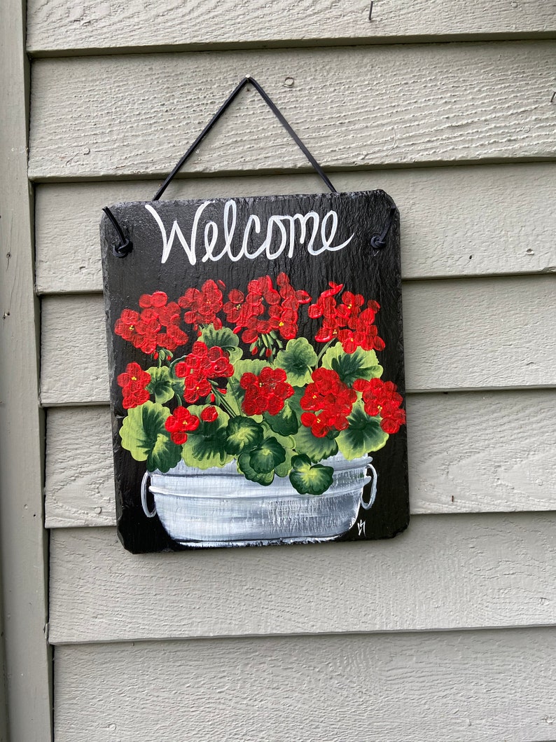 Painted Geranium Welcome Slate Sign: Front Door Decor - Etsy