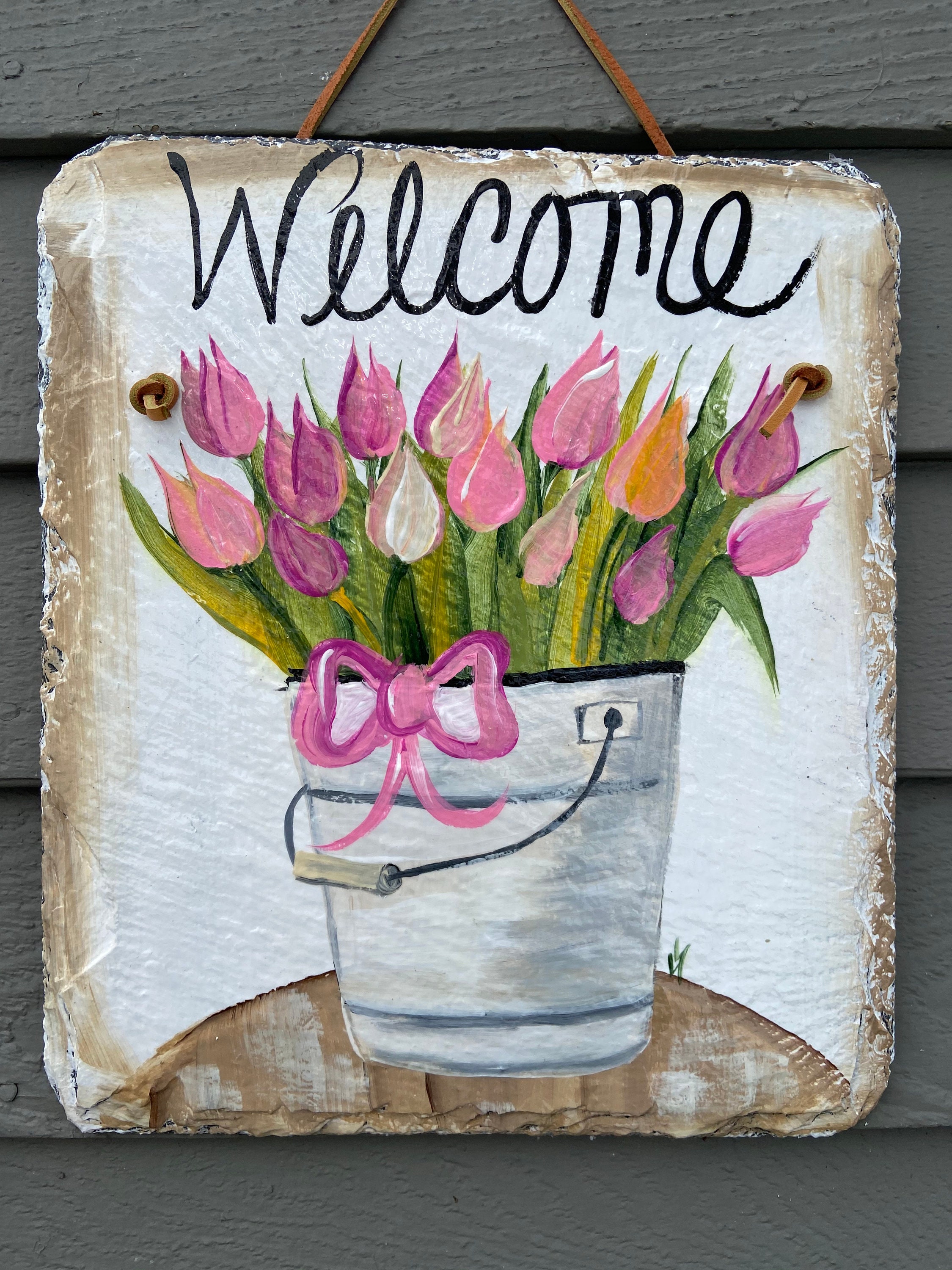 Spring door decor welcome Mother/'s Day gift welcome plaque door hanger Easter Decor Tulips Welcome Sign Painted Slate welcome sign