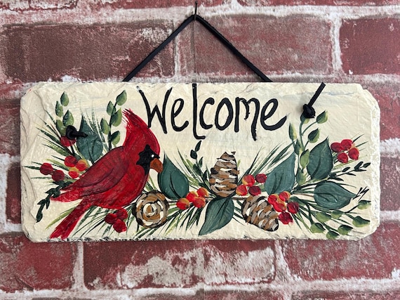 Painted Winter Cardinal Slate, Cardinal Welcome sign, Painted winter sign, Christmas slate sign, Christmas slate, winter porch decor