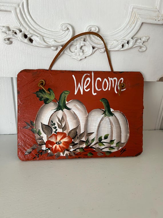 Hand Painted Pumpkin Fall welcome Sign: White Pumpkins Welcome Plaque