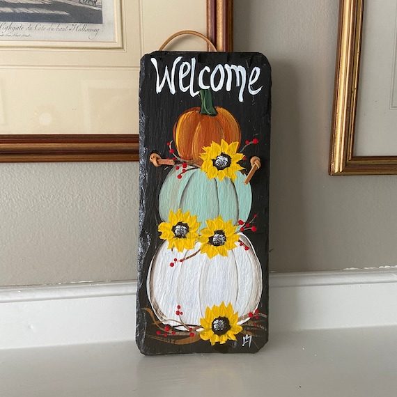 Painted pumpkin and sunflower slate sign, Fall welcome plaque, painted slate sign, Fall sign, welcome sign, Hostess gift, Fall porch decor