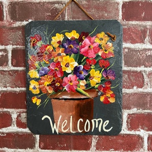 Floral welcome sign, Painted slate sign, welcome sign, Spring door hanger, garden decor, porch decor, Slate sign, painted tile, garden sign image 1