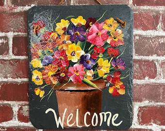 Panneau de bienvenue floral, panneau d’ardoise peint, panneau de bienvenue, cintre de porte à ressort, décoration de jardin, décoration de porche, panneau d’ardoise, carrelage peint, panneau de jardin