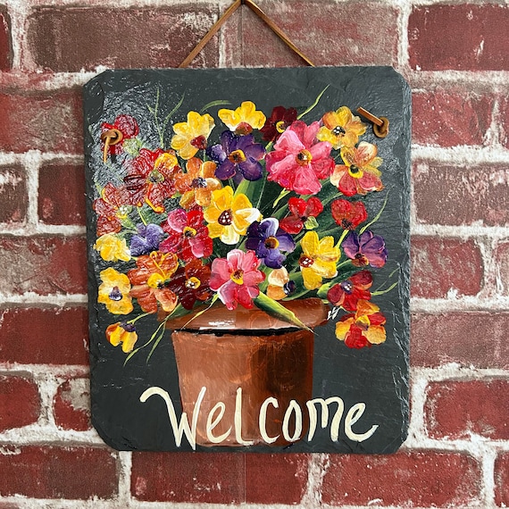 Floral welcome sign, Painted slate sign, welcome sign, Spring door hanger, garden decor, porch decor, Slate sign, painted tile, garden sign