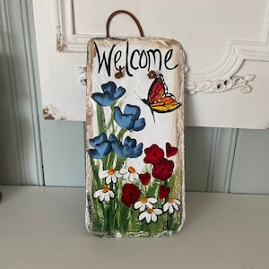 Painted slate welcome sign, slate sign, floral welcome plaque, Porch decor, door hanger, slate welcome sign, garden decor