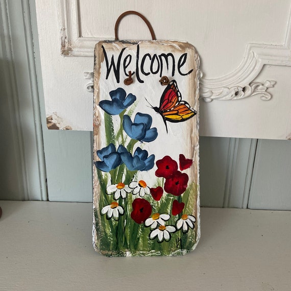 Painted slate welcome sign, slate sign, floral welcome plaque, Porch decor, door hanger, slate welcome sign, garden decor