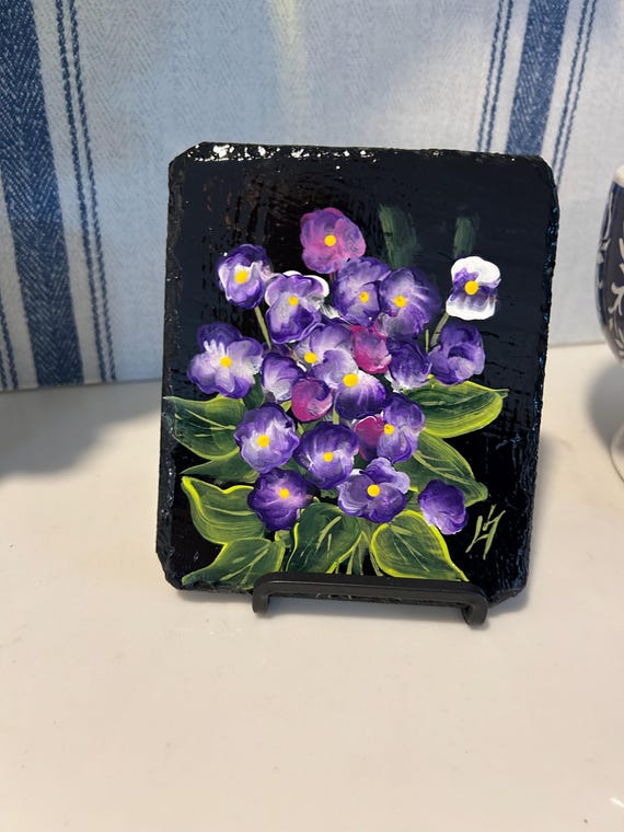 Painted Violets slate, kitchen art, painted purple floral slate , spring decor, floral painted slate, floral mantle art. floral shelf sitter