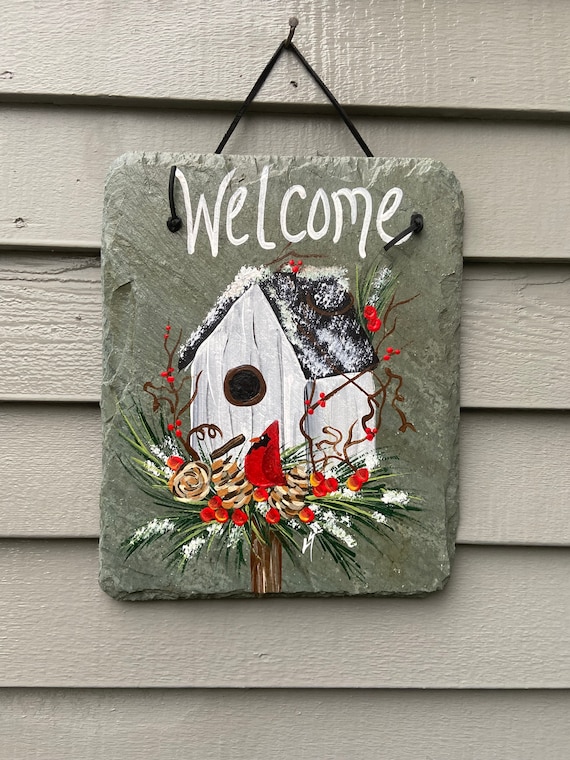 Painted Slate sign, Winter cardinal birdhouse Welcome sign, slate sign, Winter Slate Sign, painted slate door hanger, Slate welcome plaque
