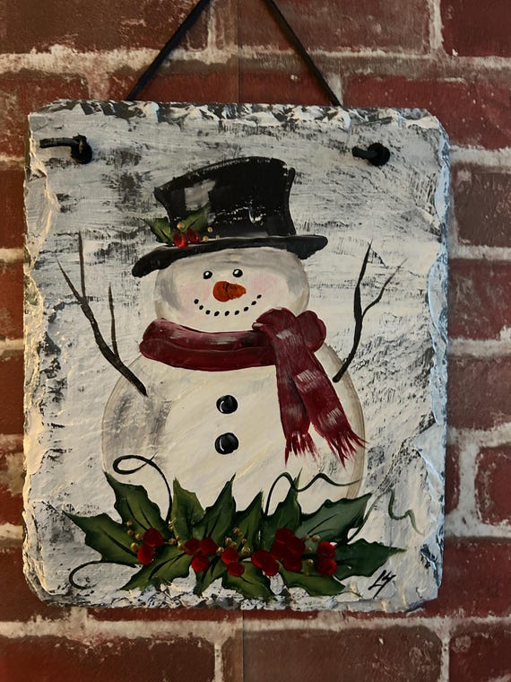 Hand Painted Slate Welcome Sign: Snowman house sign, Winter Porch Decor