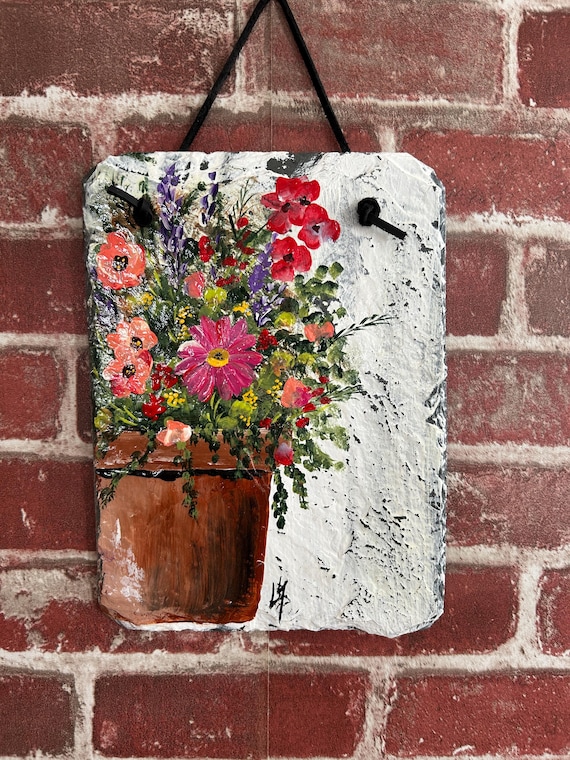Hand Painted Spring Welcome Slate Sign: Floral Door Hanger