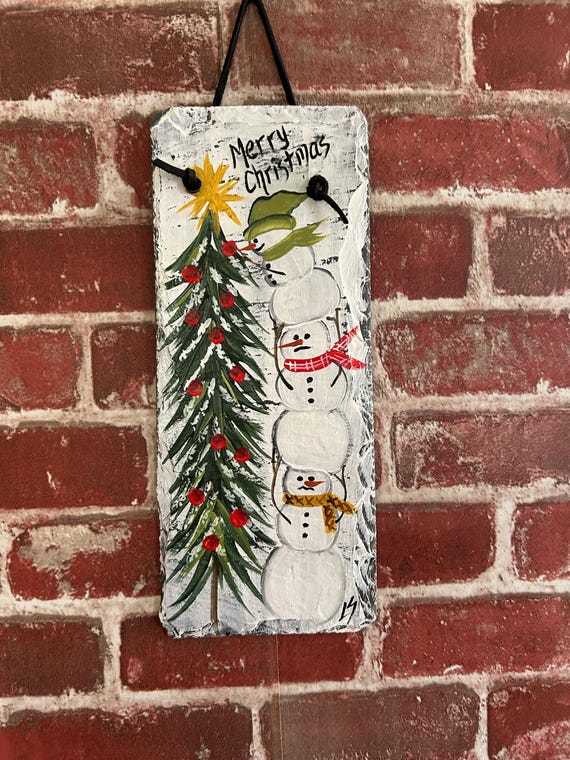 Hand Painted Christmas Snowmen Slate: Rustic holiday Wall Decor, Christmas door hanger, outdoor art