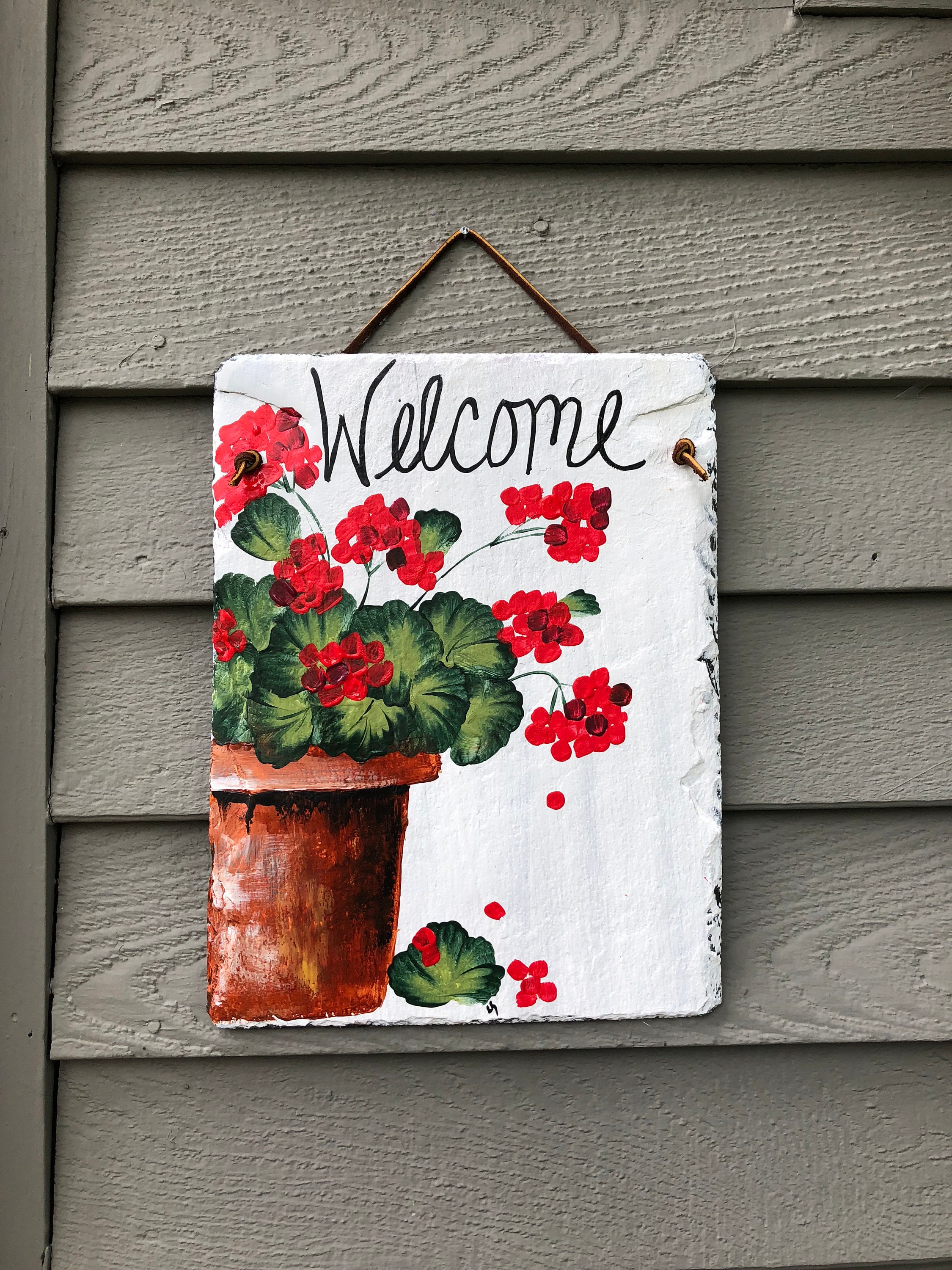 Hand Painted Slate Welcome Sign Red Geraniums Welcome sign ...