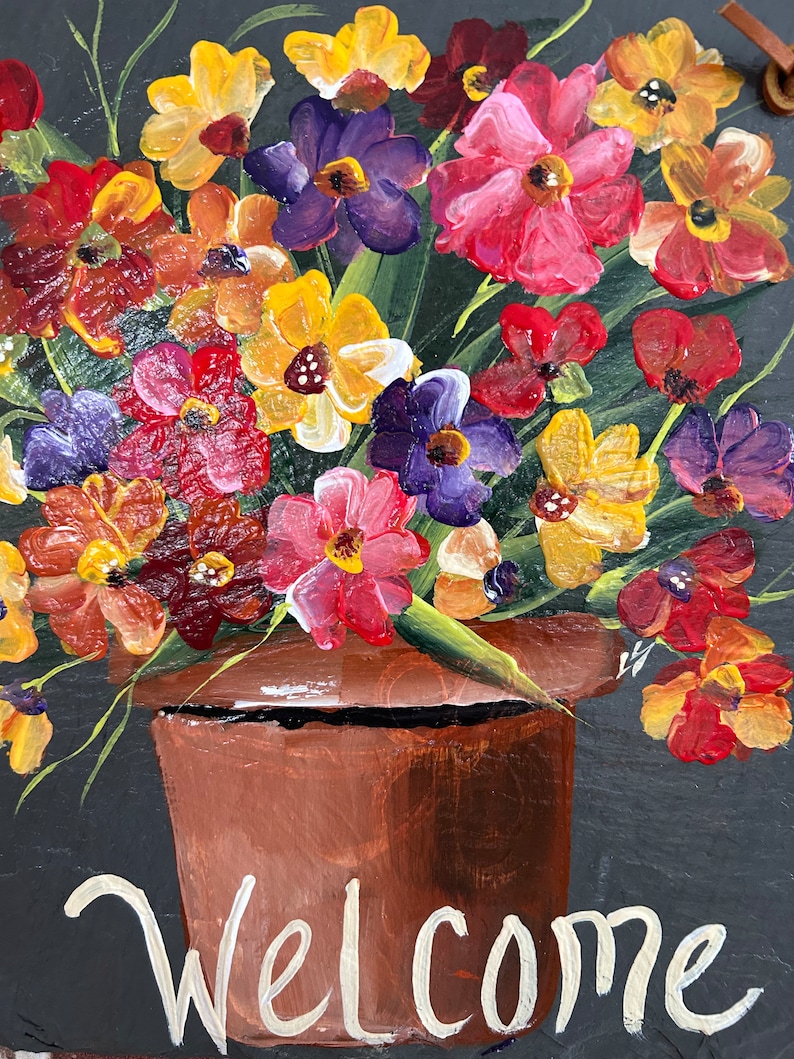 Floral welcome sign, Painted slate sign, welcome sign, Spring door hanger, garden decor, porch decor, Slate sign, painted tile, garden sign image 5