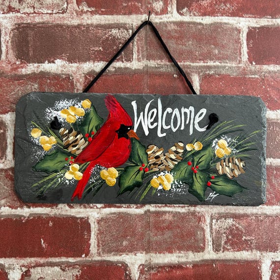Painted Winter Cardinal Slate, Cardinal Welcome sign, Painted winter sign, Christmas slate sign, Christmas slate, winter porch decor
