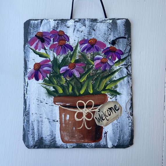 Painted Slate sign, Porch decor, Welcome sign, Garden decor, Outdoor Spring Slate Sign, door hanger, Spring slate, Slate welcome plaque