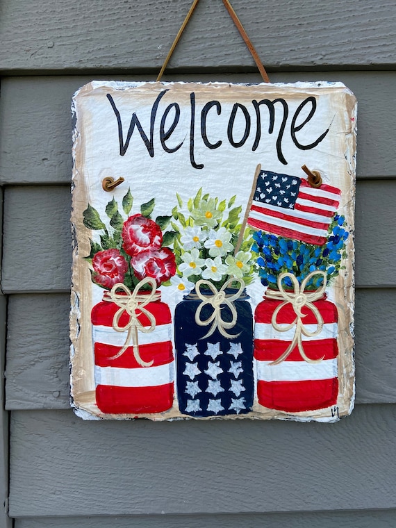 Fourth of July painted slate sign, Summer slate sign, Hand painted slate, Fourth of July door hanger, Patriotic sign, painting on slate