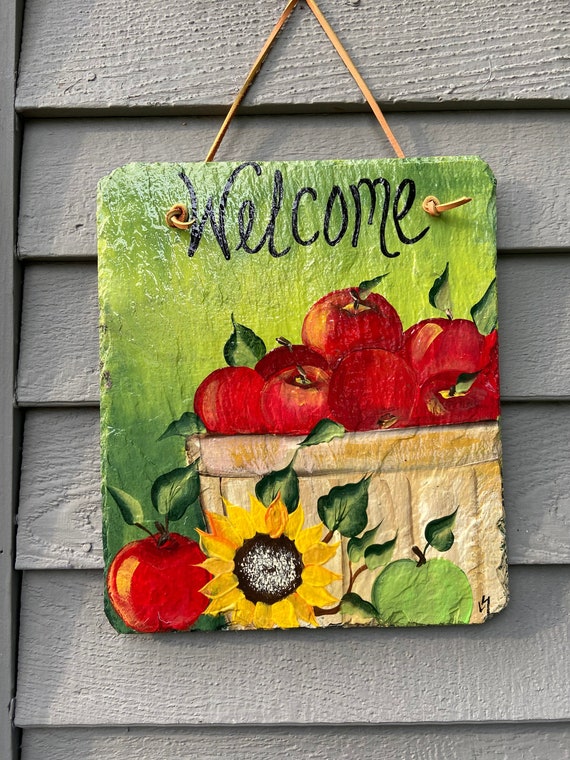 Basket of apples welcome sign, welcome plaque, door hanger, Apple slate sign, Fall sign, Painted slate, slate sign, porch decor, apples