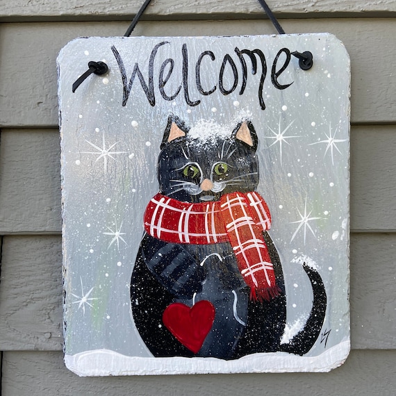 Winter slate sign, Painted slate tile, welcome plaque, Winter cat door hanger, Winter sign, Painted slate, slate sign, porch decor, Cat sign