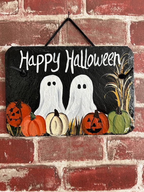 Painted Halloween slate sign, Halloween ghost sign, Halloween door hanger, Pumpkin, Fall sign, Painted slate, slate sign, Spooky porch decor
