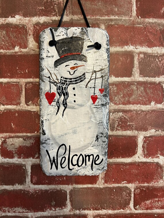 Hand Painted Snowman with hearts Slate: Rustic Winter Wall Decor, snowman door hanger, Valentine's Day Porch Decor
