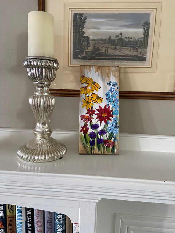 Spring shelf sitter, Rustic Spring garden painting on wood, spring porch decor, Fireplace Mantel decor, rustic wood floral shelf decor