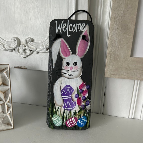 Painted Bunny, Painted spring slate sign, Spring Porch decor, painted slate sign, painting on slate, Spring slate, Outdoor Easter decor