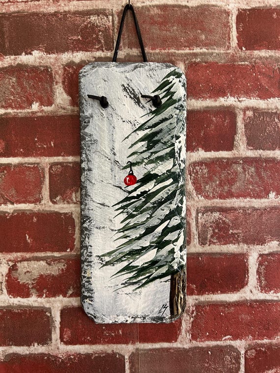 Hand Painted Christmas Tree Slate: Rustic Winter Wall Decor, Holiday door hanger