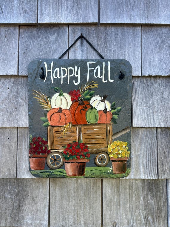 Painted pumpkin slate sign, welcome Fall plaque, door hanger, Pumpkin slate sign, Painted slate, slate sign, Fall sign, autumn painted slate