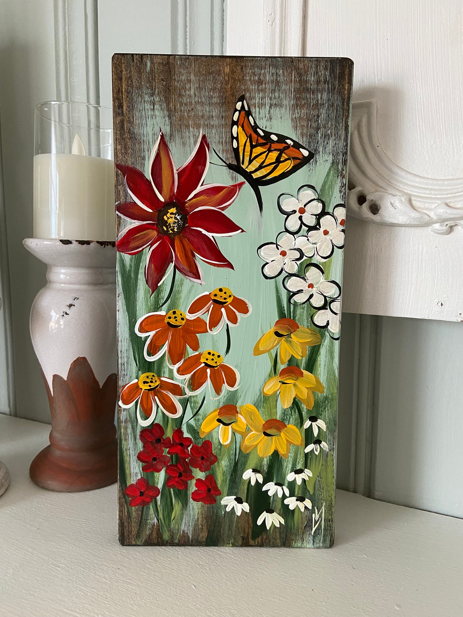Spring Shelf Sitter, Rustic Spring Garden Painting on Wood, Spring