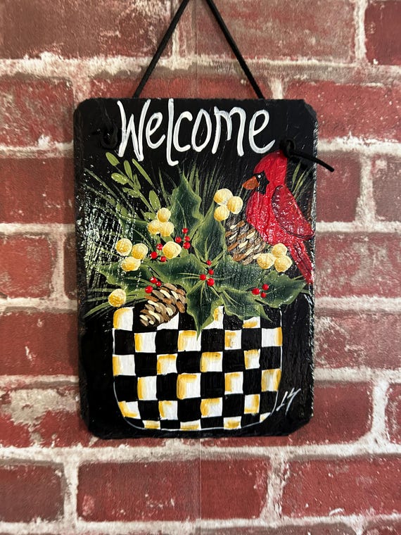 Painted Winter Cardinal welcome sign: Black and white check door hanger
