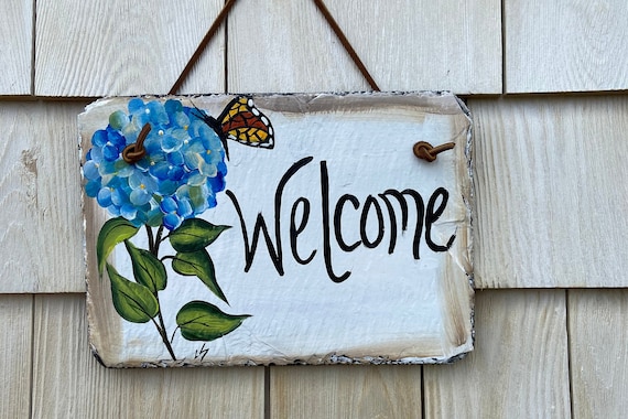 Painted slate welcome sign, garden slate sign, Hydrangea welcome plaque, Porch decor, door hanger, small slate welcome sign, garden decor