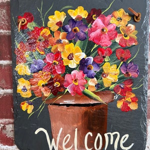 Floral welcome sign, Painted slate sign, welcome sign, Spring door hanger, garden decor, porch decor, Slate sign, painted tile, garden sign image 4