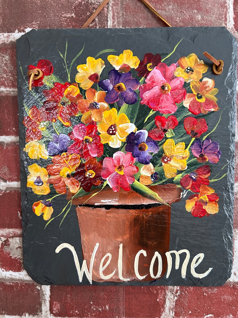 Floral welcome sign, Painted slate sign, welcome sign, Spring door hanger, garden decor, porch decor, Slate sign, painted tile, garden sign image 4