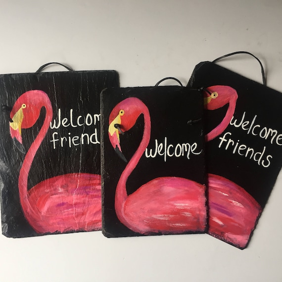 Summer slate sign, Flamingo welcome plaque, Welcome sign, Porch decor, Hand Painted slate sign, Summer door decor, door hanger, flamingo art