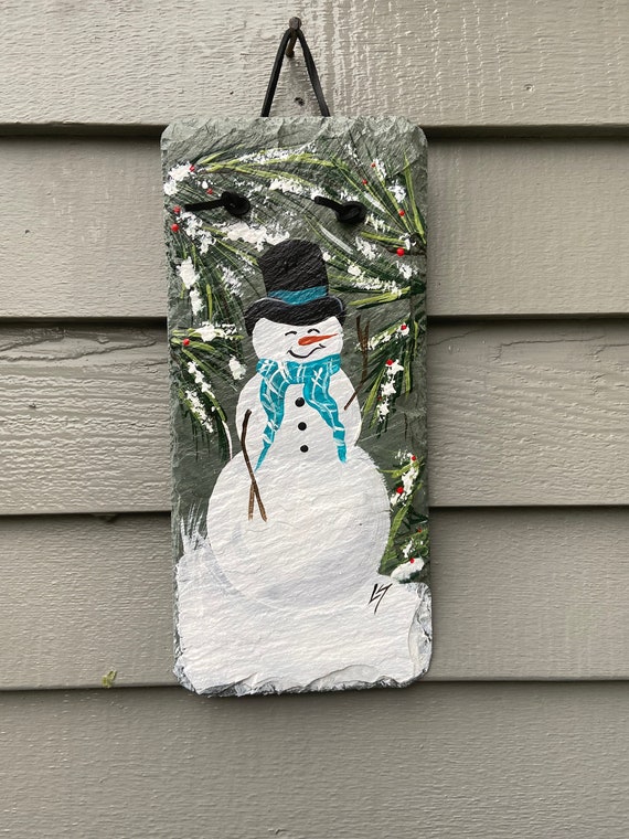 Painted snowman slate, Painted slate Snowman, Winter Porch decor, painted slate sign, painting on slate, hostess gift, friend gift