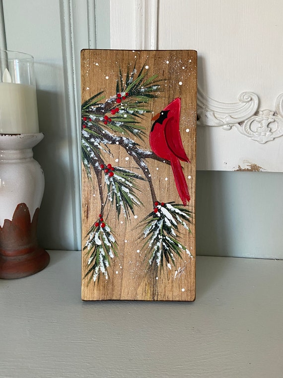 Hand Painted Rustic Cardinal wood wall hanging, Mantle art