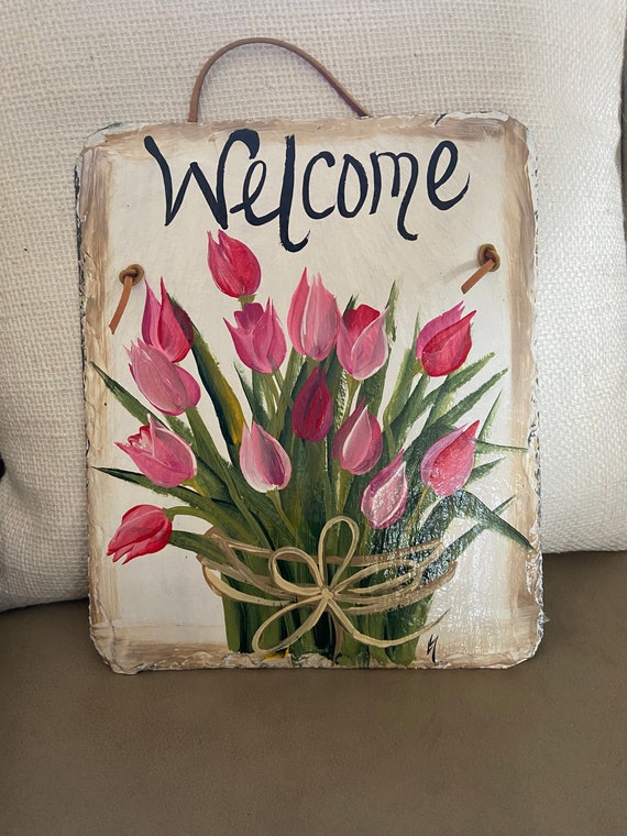 Spring door decor welcome Mother/'s Day gift welcome plaque door hanger Easter Decor Tulips Welcome Sign Painted Slate welcome sign