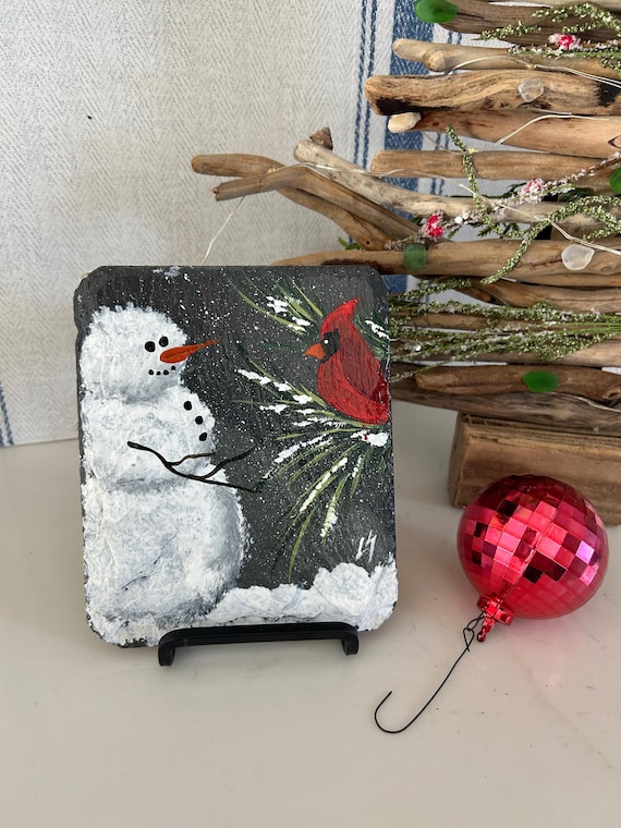 Painted table top slate snowman, Snowman kitchen art, 6x5 hand painted slate , winter decor, Snowman art, unique holiday gift