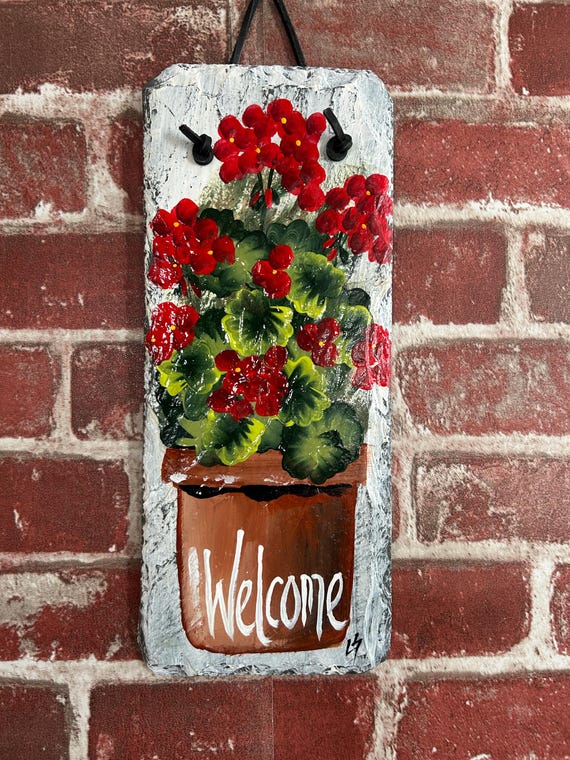 Hand-Painted Red geranium Slate welcome Sign: Spring Porch Decor (12x5)